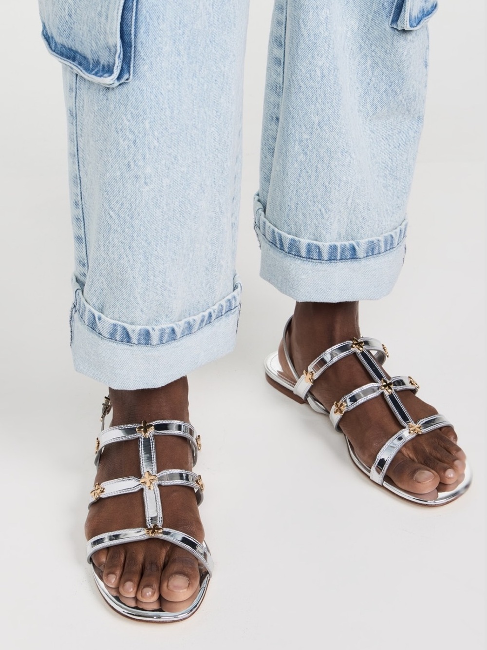 Larroude Silver Metallic T‑Strap Flat Sandals with Gold Accents
